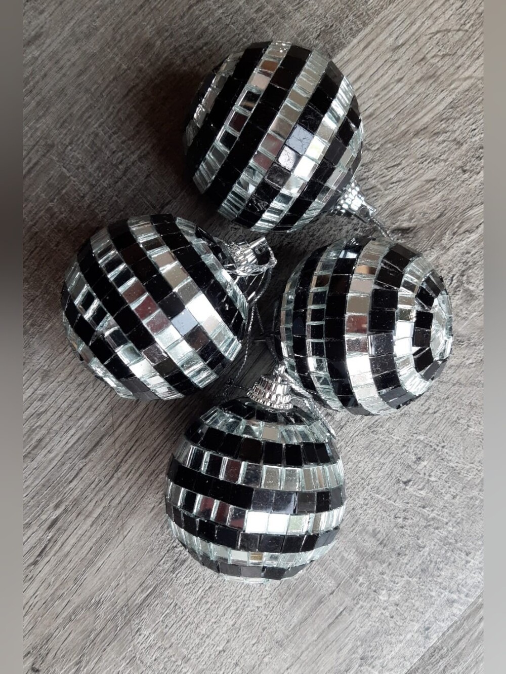 *3 for $20 deal* Set of 4 Black & Silver Mirrored Disco Ball Ornaments